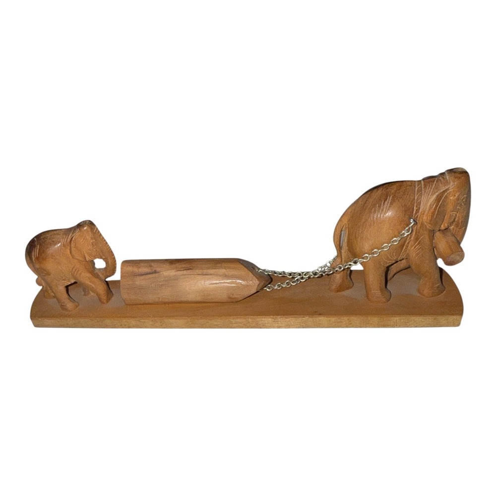 Vintage Hand Carved Wood Elephant Logging Scene Figurine Sculpture